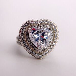 Iced Out Silver Toned Double Halo Heart Ring with Cubic Zirconia Stones. Size 5.